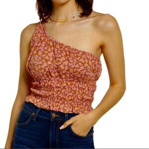 BP Nordstrom Women One-shoulder Asymmetric Crop Top Tan-Pink Allison Floral Sz S